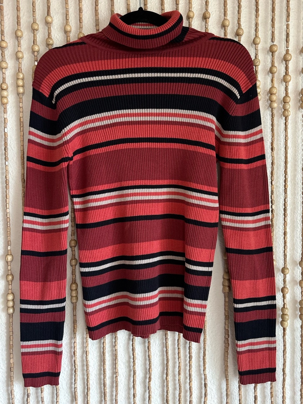 Orange Black Striped Ribbed Mock Neck Knit Twee Boho Grunge Stretchy Long Sleeve
